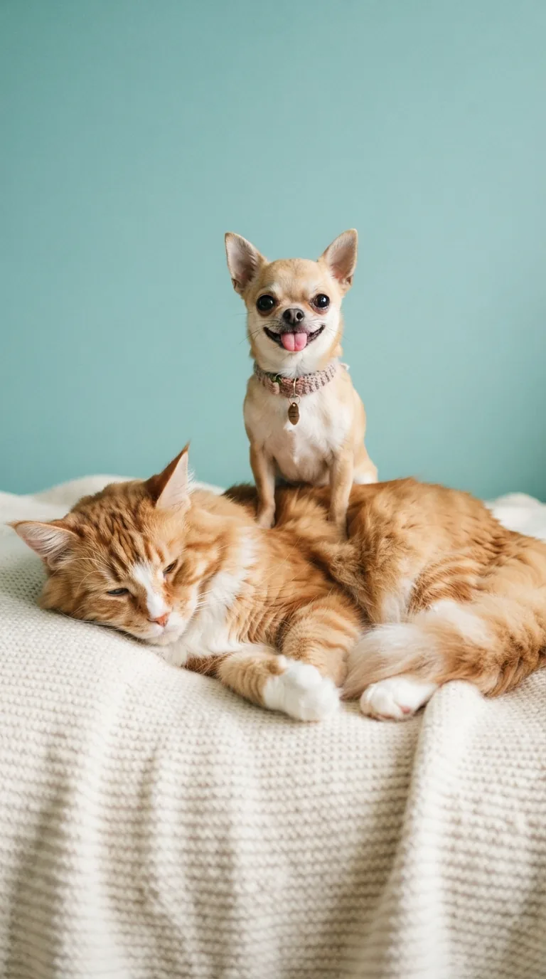 Perro chihuahua y gato naranja descansando juntos sobre una manta